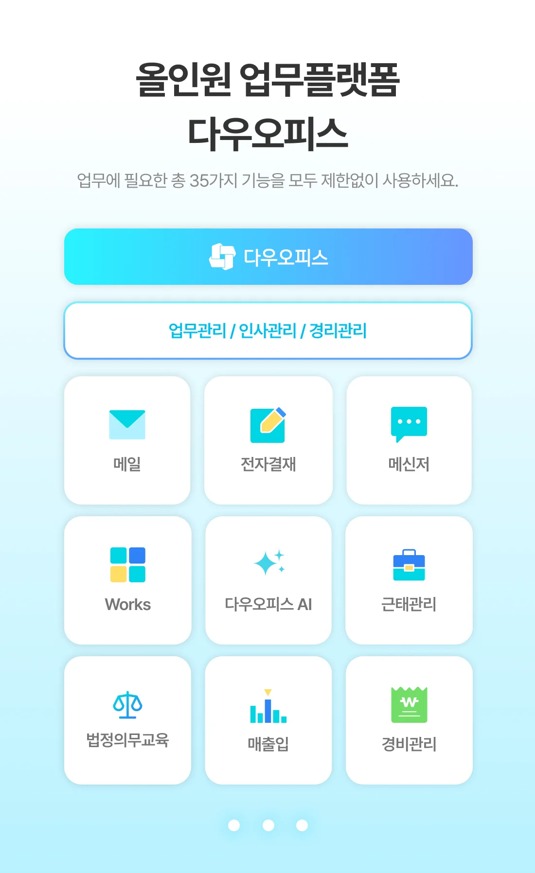 다우오피스 올인원 업무 플랫폼 기능 소개 화면, 메일·전자결재·메신저·근태·AI 등 35가지 기능 제공