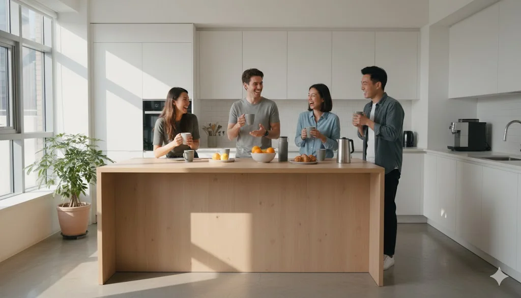 Diverse expats chatting in a modern co-living kitchen.