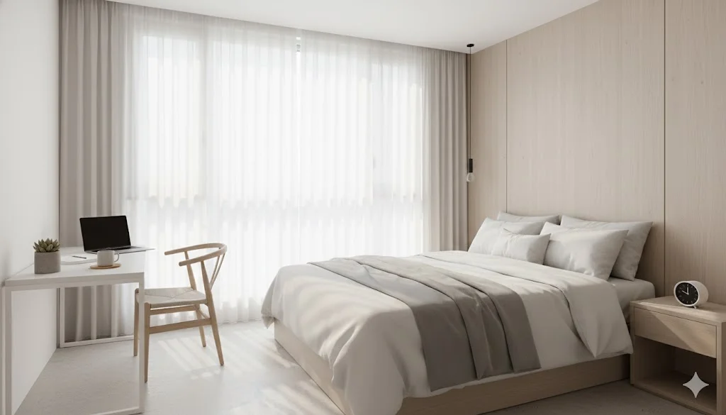 Clean minimalist private bedroom in Seoul co-living.