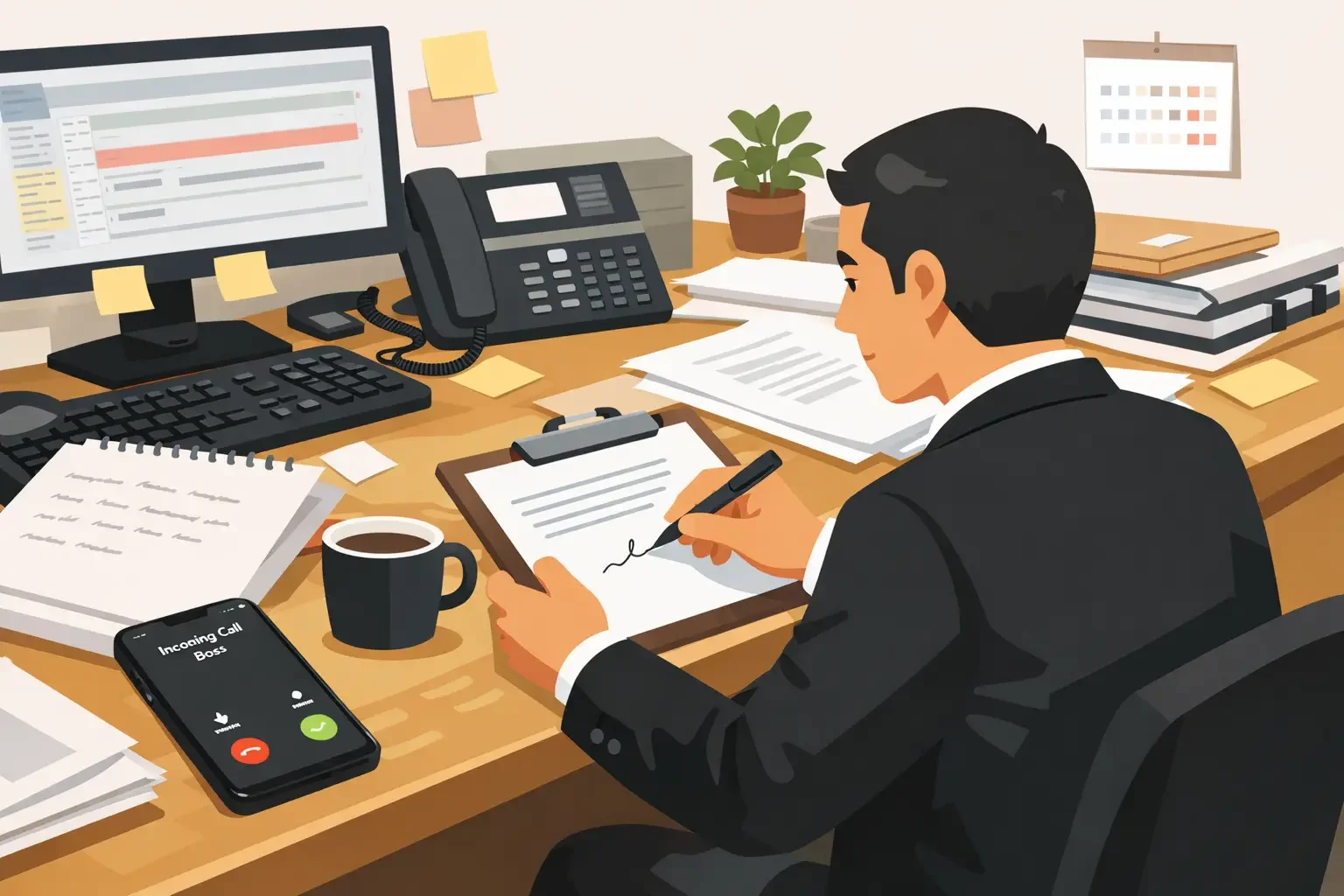 근로계약서를 교부하기 위해 여러 서류 작업을 진행하는 인사담당자의 모습