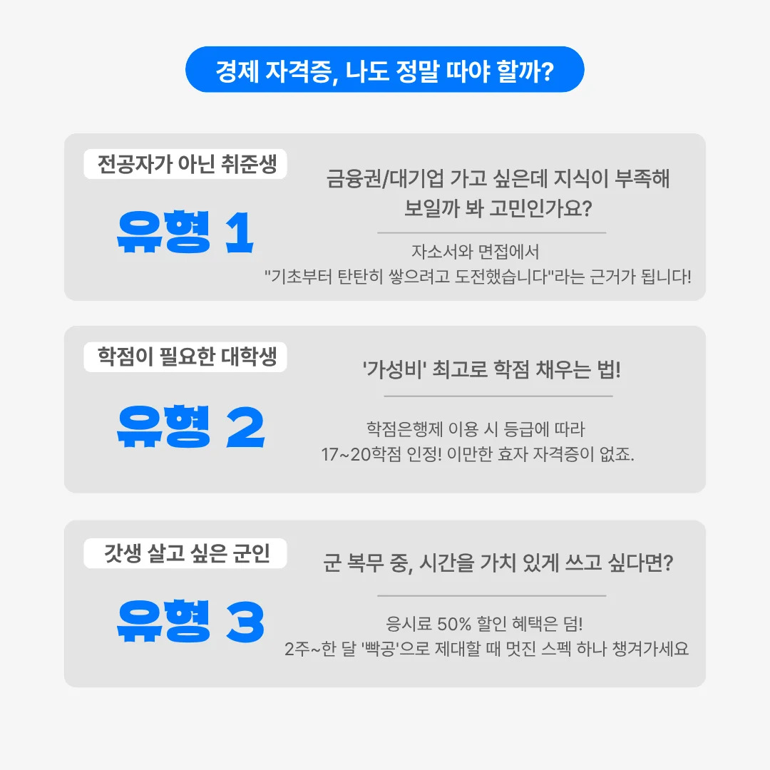 전공자가 아니라서, 혹은 학점이 급해서 고민인가요? 대학생부터 군인까지, 지금 바로 경제 자격증에 도전해야 하는 이유를 확인하세요