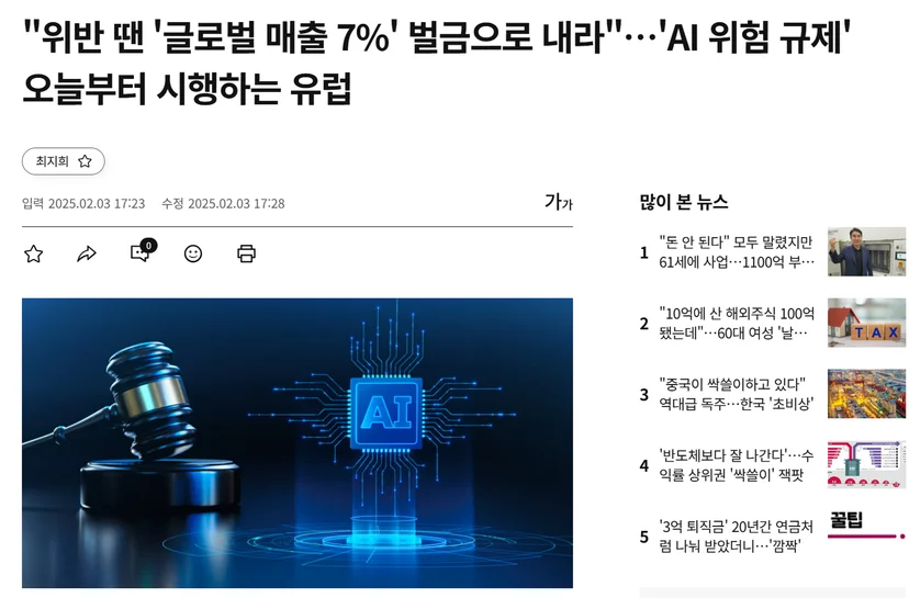 출처: 한국경제 최지희 기자 - "위반 땐 '글로벌 매출 7%' 벌금으로 내라"…'AI 위험 규제' 오늘부터 시행하는 유럽