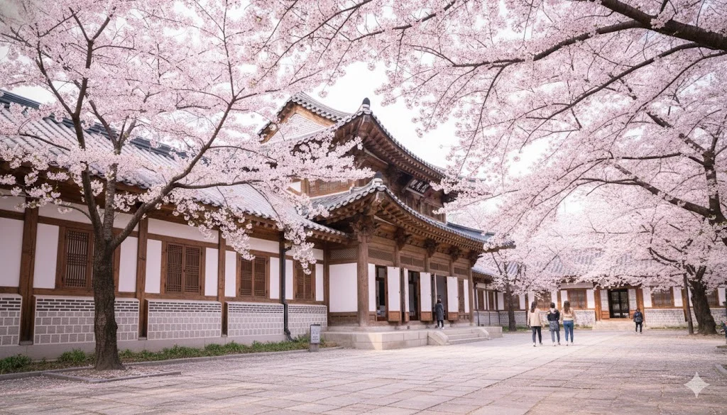 Peaceful cherry blossom path under soft golden hour sunlight] [Alt Text: Wide cinematic horizontal composition of pink cherry blossoms Seoul.