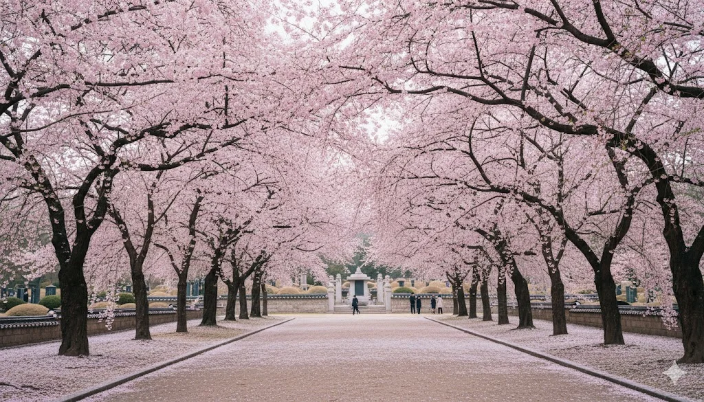 Cinematic wide shot of weeping cherry trees at cemetery