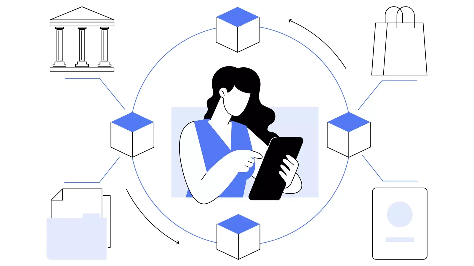 디지털 기기로 업무를 확인하는 인물을 중심으로, 기관과 쇼핑, 문서 아이콘이 연결된 비품 회계처리 절차를 상징하는 일러스트