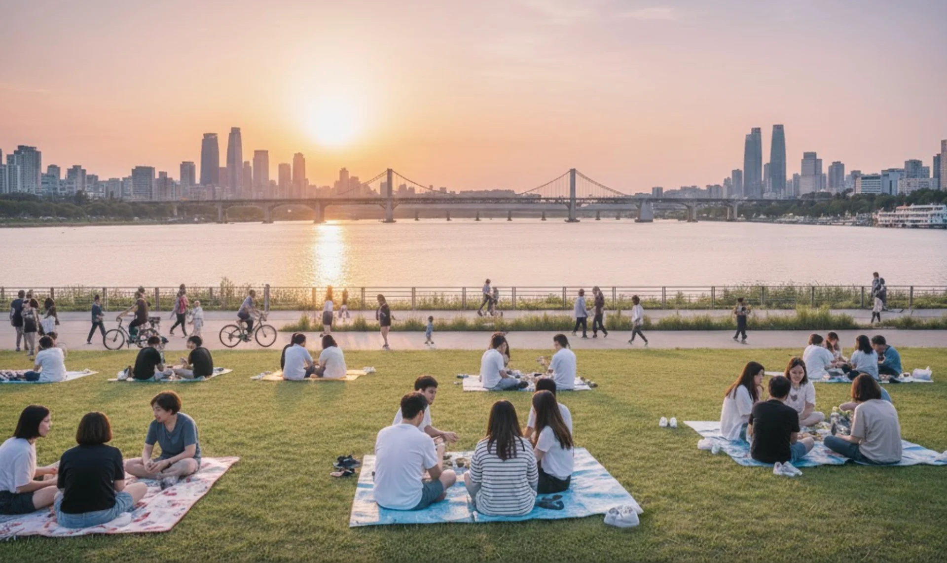 Wide cinematic shot of Han River sunset and grass