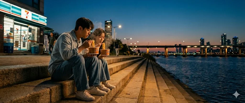 Instant ramen in foil container at river park