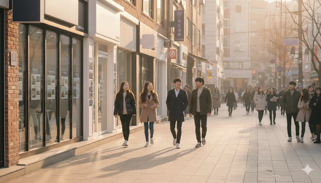 Vibrant street view near a Korean university with real estate office signs.