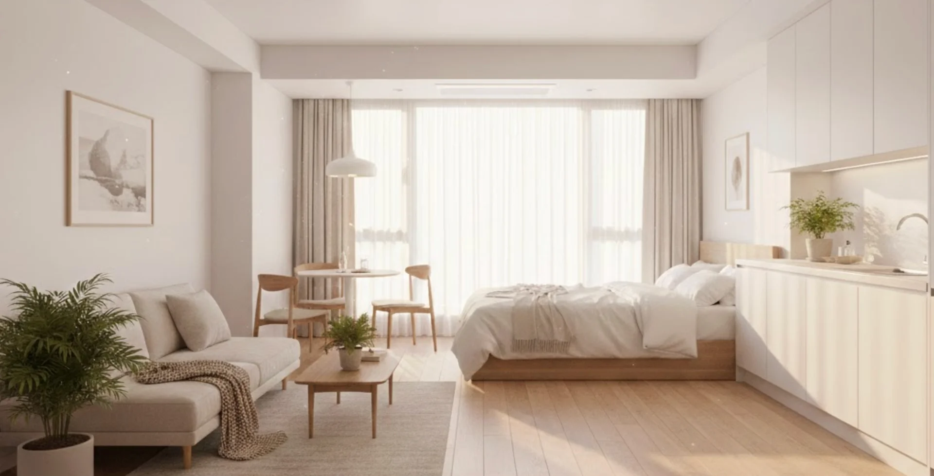 Sunlit minimalist studio apartment interior with clean wooden floors.