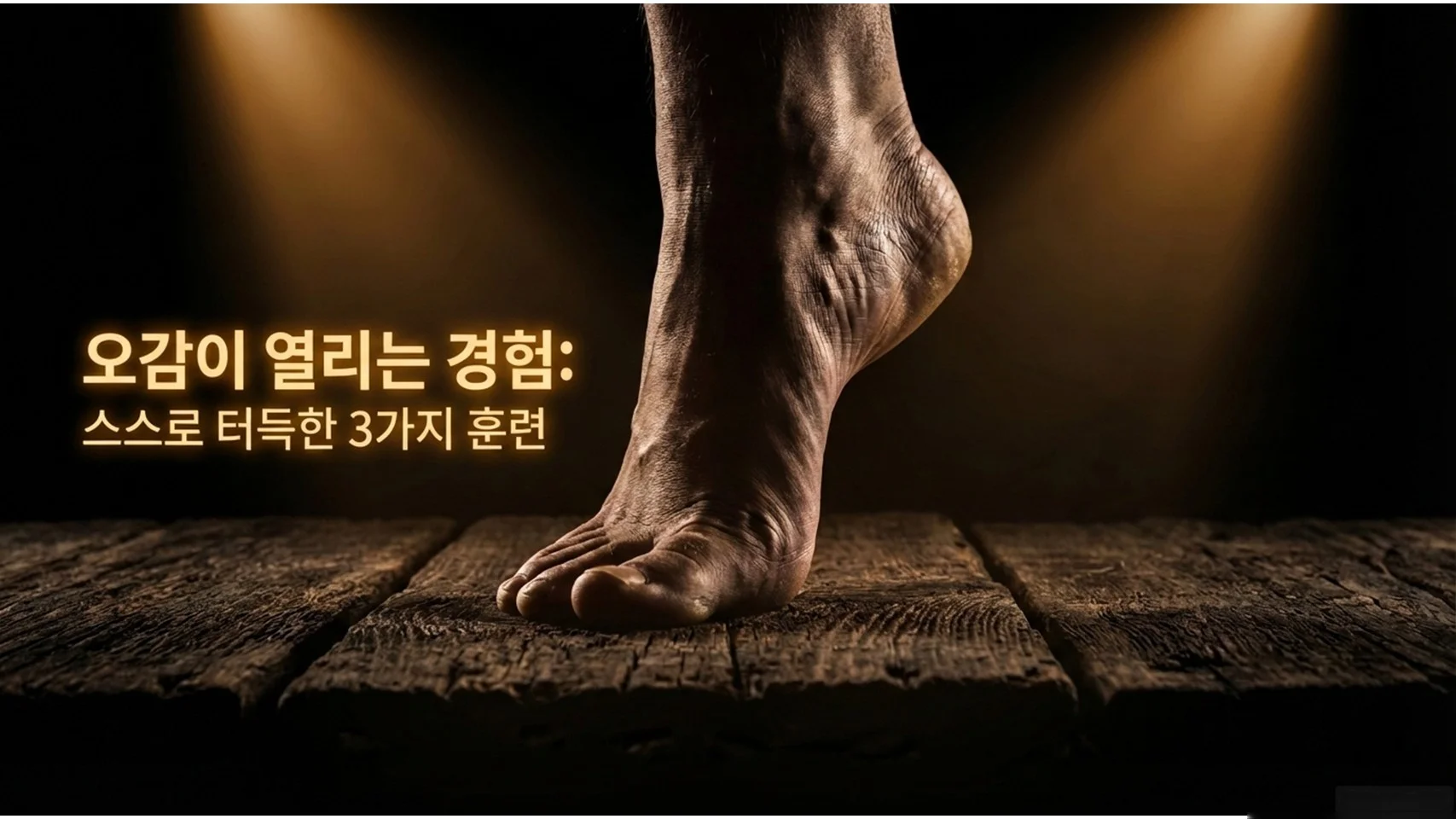 어두운 배경의 나무 바닥 위에 맨발로 서 있는 발의 근접 촬영. 왼쪽 하단에 황금색 글씨로 "오감이 열리는 경험: 스스로 터득한 3가지 훈련"이라고 적혀 있다.