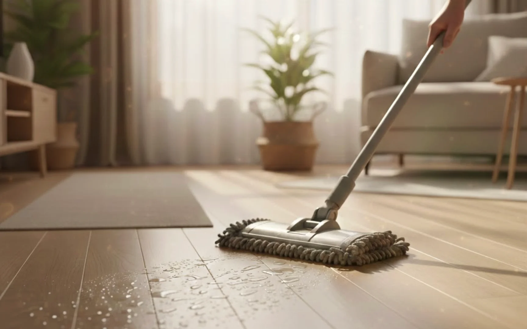 Person using a wet mop on a sunlit wooden floor in a cozy room.