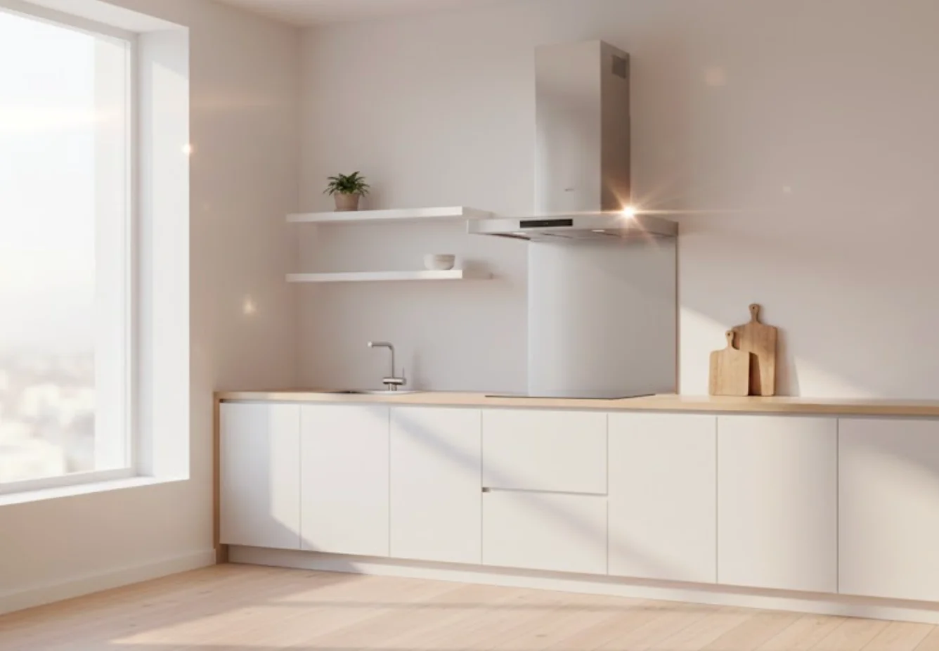 Close up of a sleek kitchen exhaust hood in a Korean studio apartment.