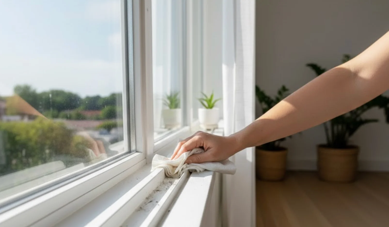 Person wiping yellow dust off white window frame track.