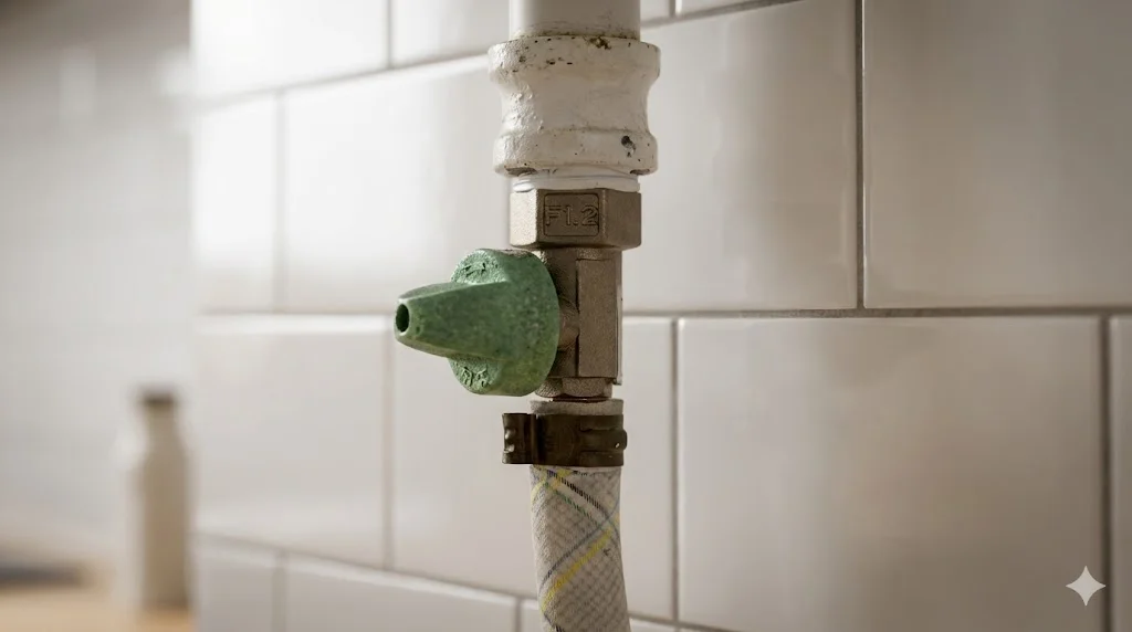 Close up of a red gas valve turned horizontally to the pipe.