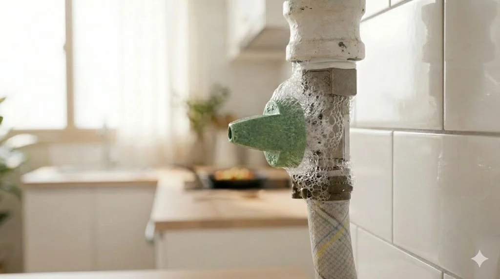 Person spraying soapy water on a gas pipe to check for leaks.