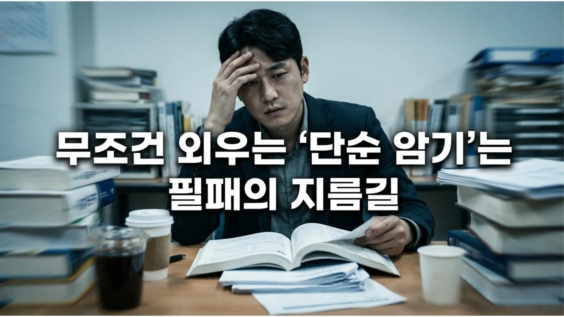 책과 서류가 가득 쌓인 책상 앞에서 머리를 짚고 괴로워하는 남성