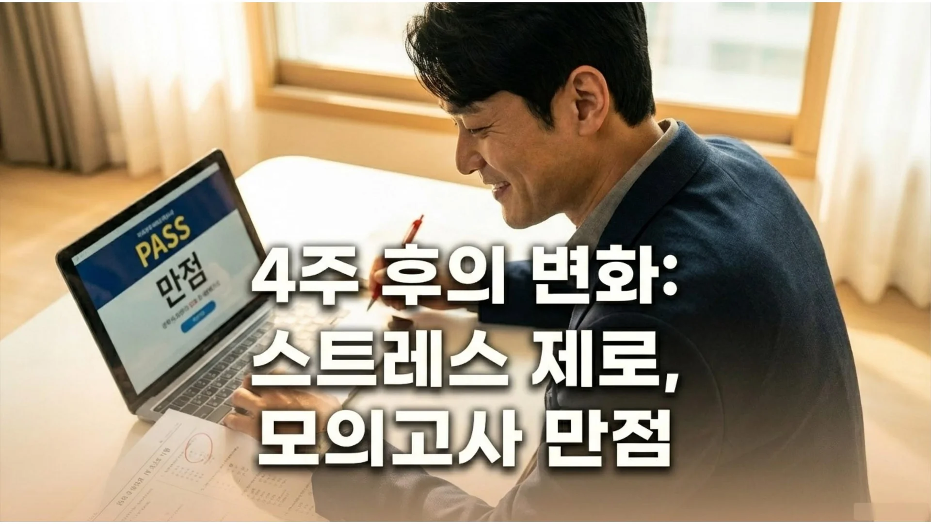 노트북 화면에 'PASS 만점' 결과가 떠 있고, 옆에서 미소를 지으며 필기하는 남성