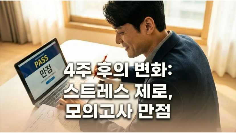 노트북 화면에 'PASS 만점' 결과가 떠 있고, 옆에서 미소를 지으며 필기하는 남성