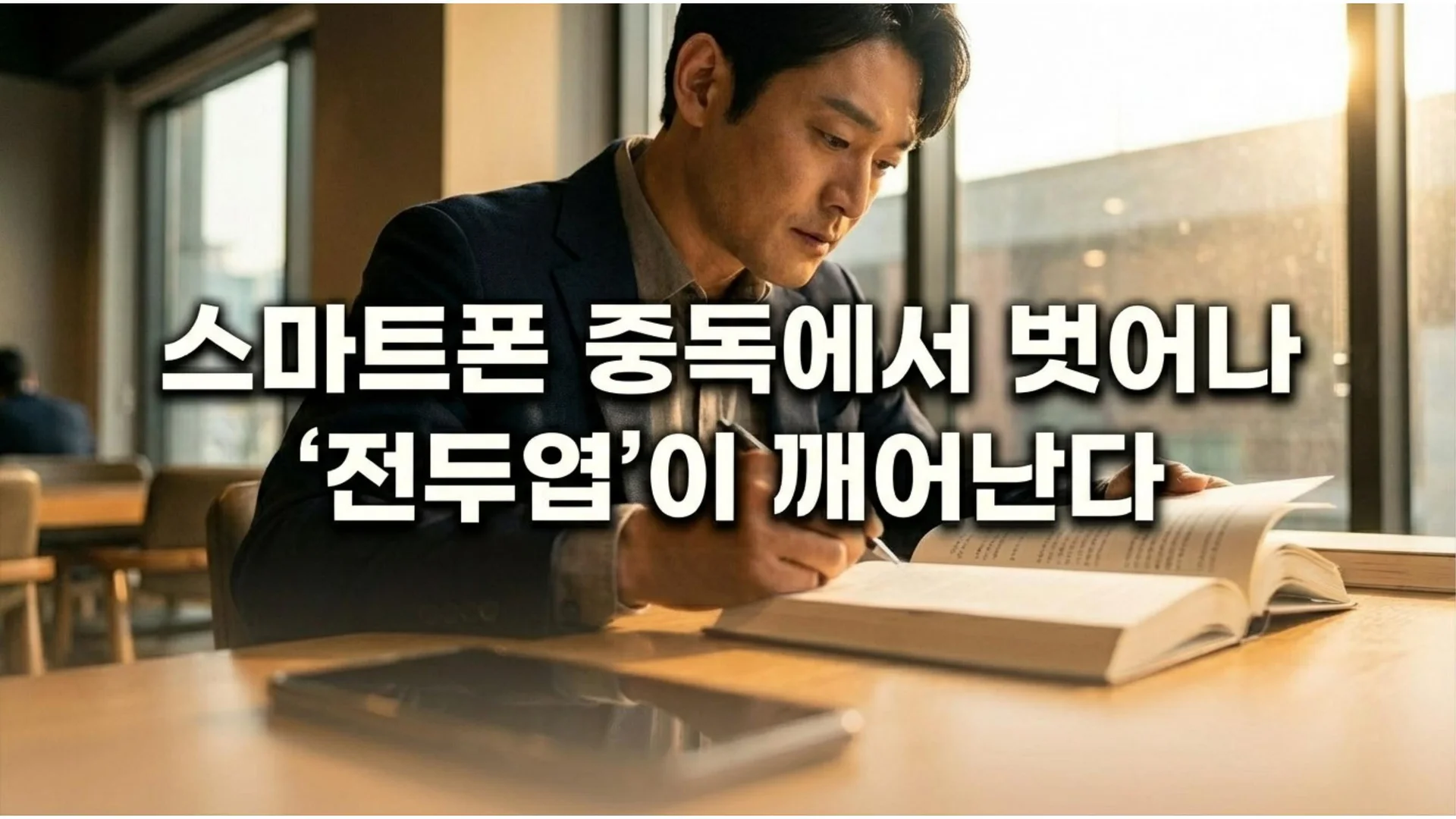 햇살이 가득한 카페에서 책 위에 필기하는 남성, 테이블 앞에는 스마트폰이 뒤집어져 놓여 있음