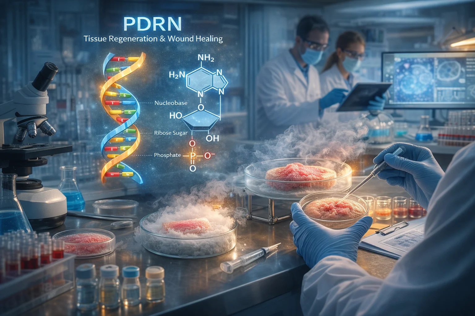 Laboratory scene conducting PDRN tissue regeneration research