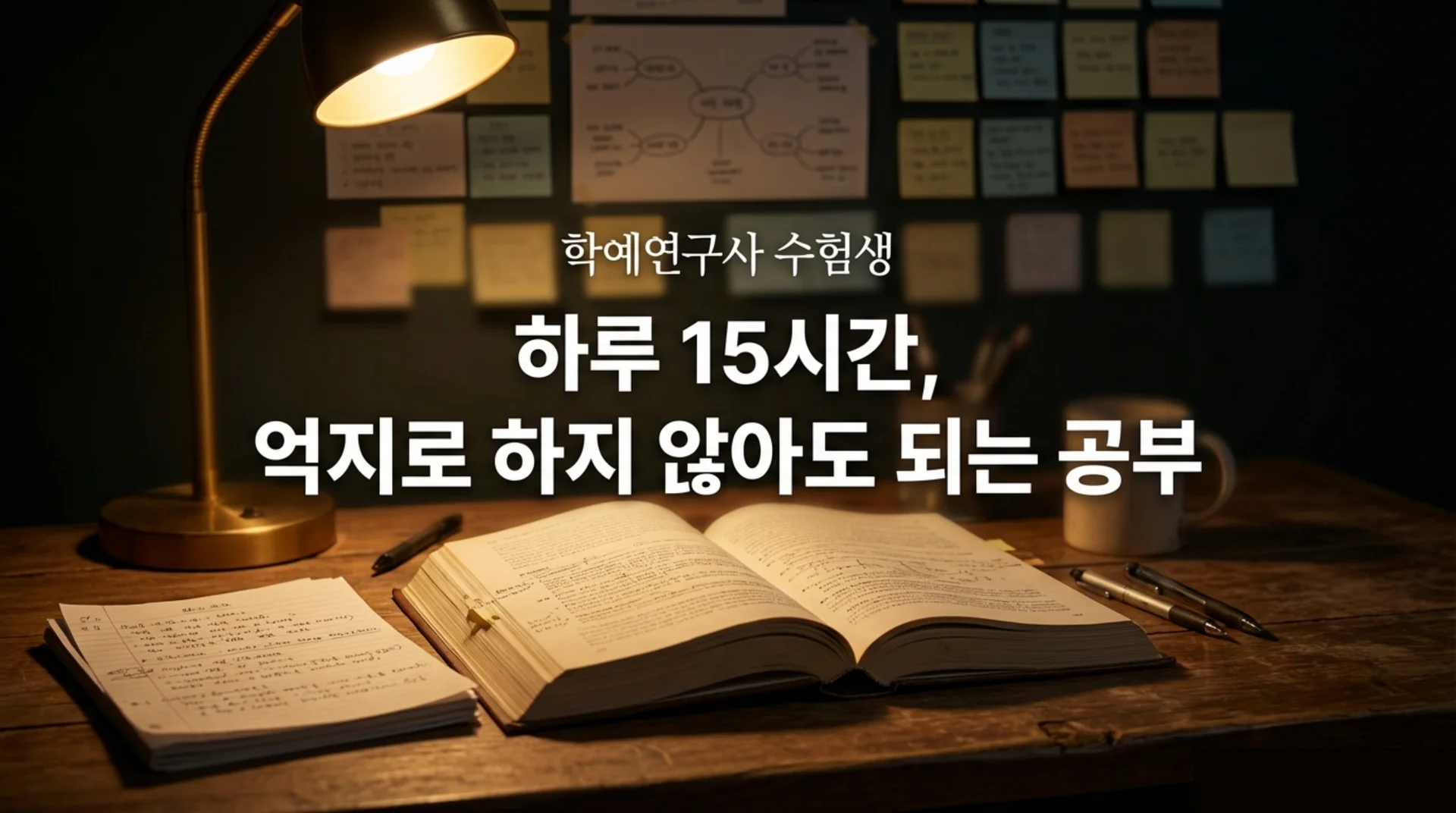 스탠드 조명이 켜진 어두운 책상 위에 펼쳐진 노트와 교재, 벽면 가득 붙은 포스트잇과 마인드맵
