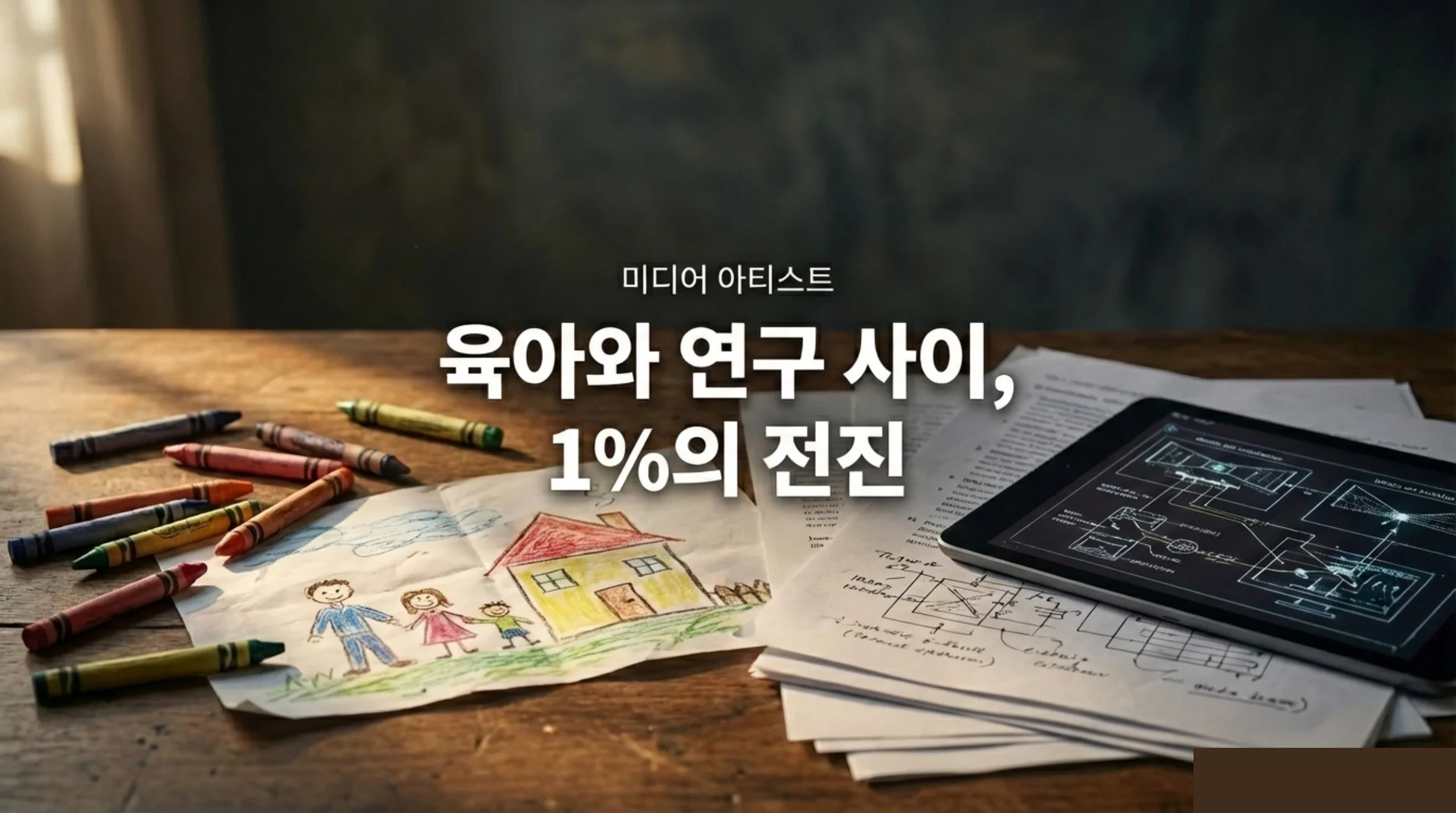 아이가 그린 집과 가족 그림 옆에 태블릿과 손으로 쓴 연구 메모가 나란히 놓인 나무 책상