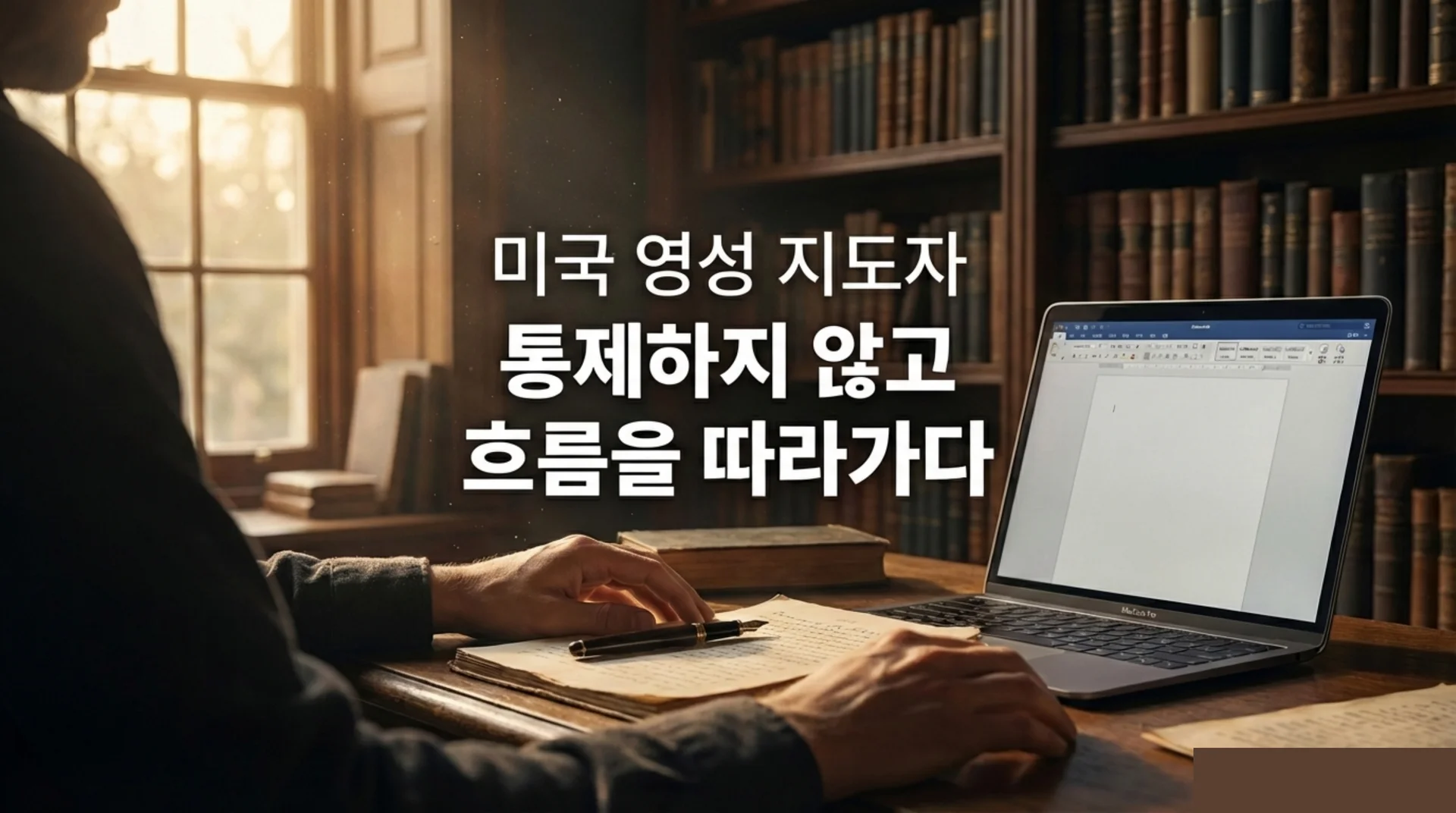 햇살이 들어오는 서재 창가에서 노트와 맥북 앞에 앉아 글을 쓰고 있는 중년 남성의 뒷모습, 주변은 빽빽한 책장