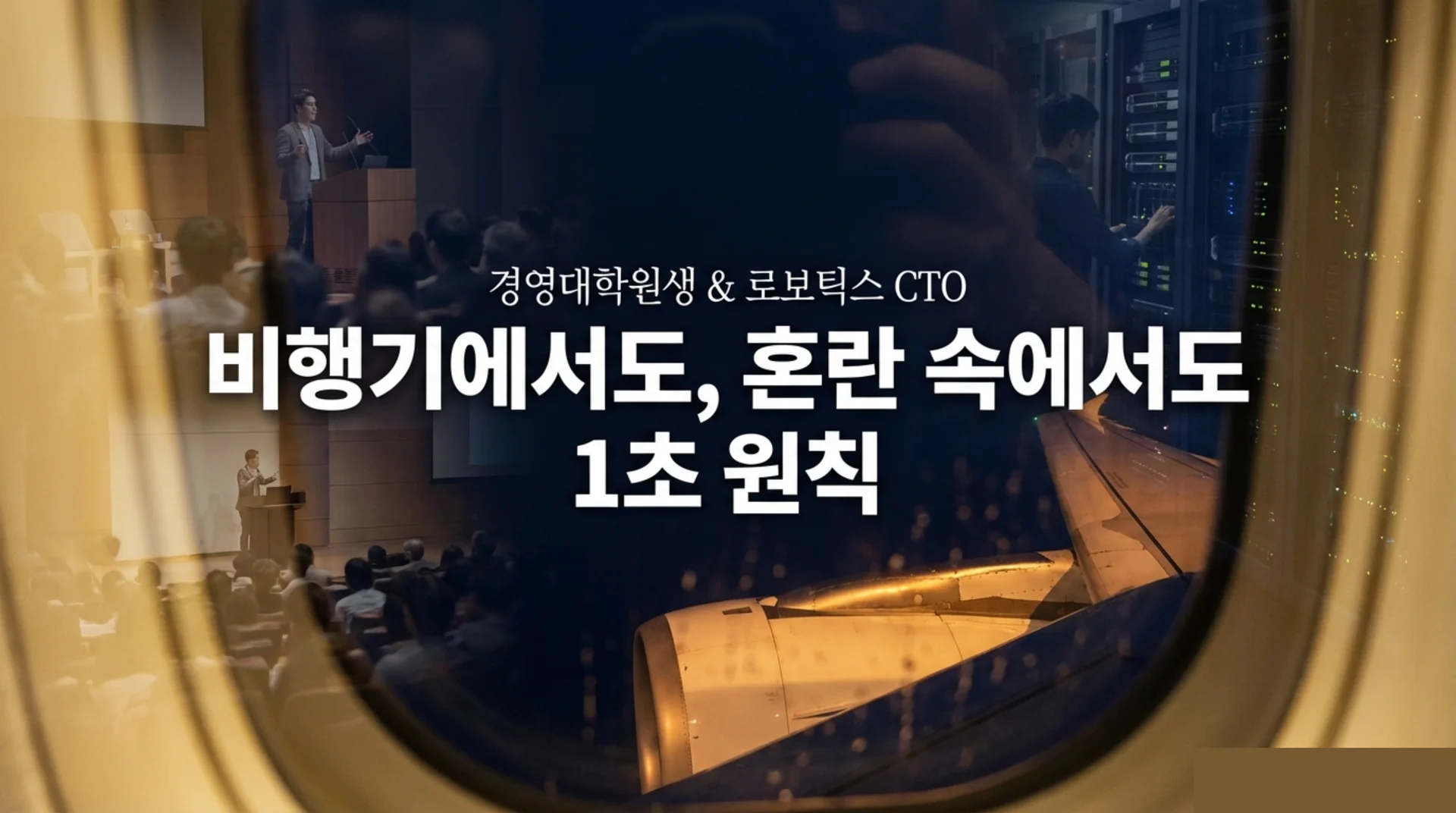 비행기 창문 너머로 강연장에서 발표 중인 남성과 서버실에서 작업하는 연구자의 모습이 이중 노출로 합성된 장면