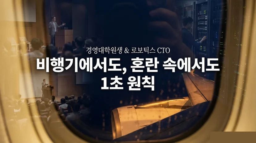 비행기 창문 너머로 강연장에서 발표 중인 남성과 서버실에서 작업하는 연구자의 모습이 이중 노출로 합성된 장면