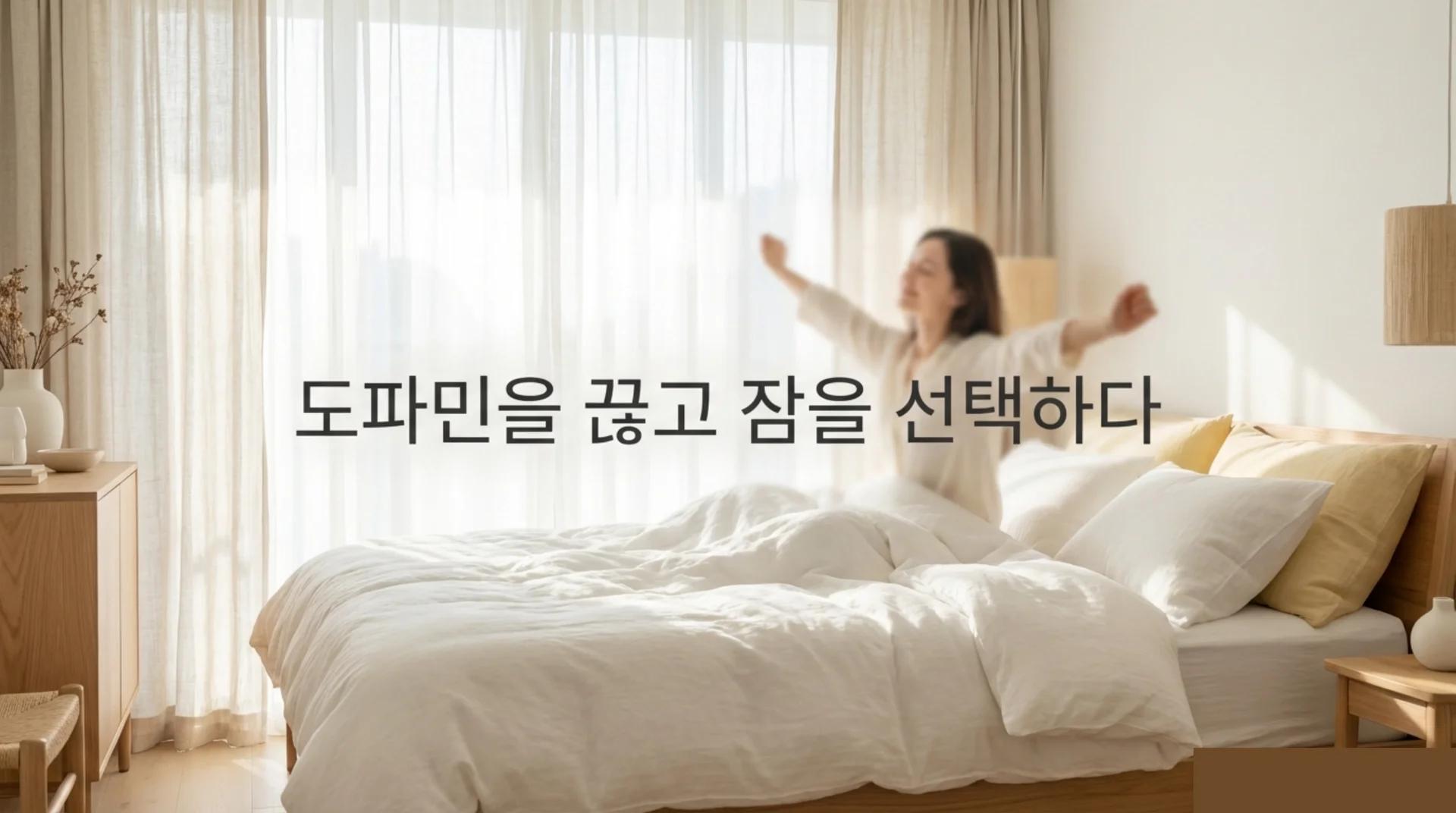햇살이 가득한 북유럽풍 침실에서 하얀 침구 위에 앉아 양팔을 크게 뻗으며 기지개를 켜는 여성, 창문 너머로 밝은 도시 풍경
