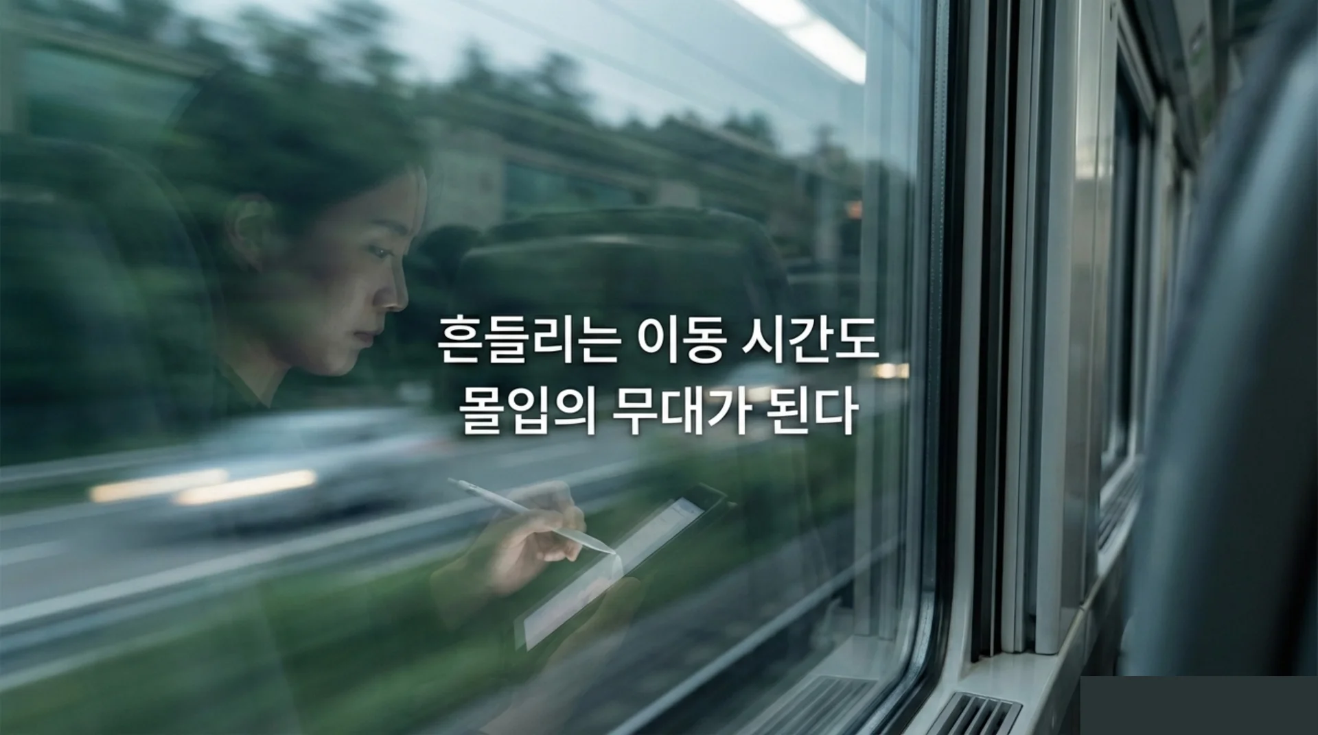 빠르게 달리는 기차 안, 창문에 반사된 자신의 얼굴을 배경으로 태블릿에 펜을 대며 집중하는 동양 여성의 옆모습