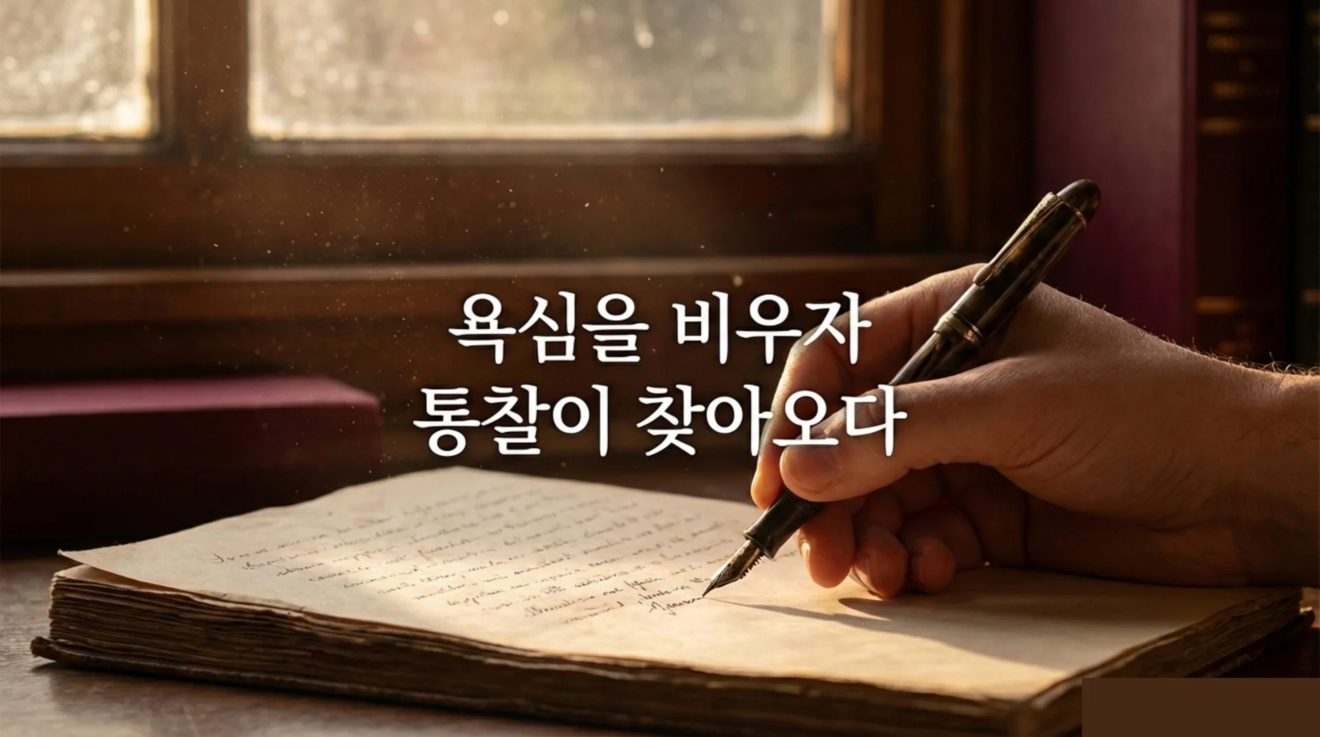 빗방울이 맺힌 창문으로 빛이 스며드는 낡은 서재에서, 누런 종이 노트 위에 만년필로 글을 써 내려가는 손의 클로즈업