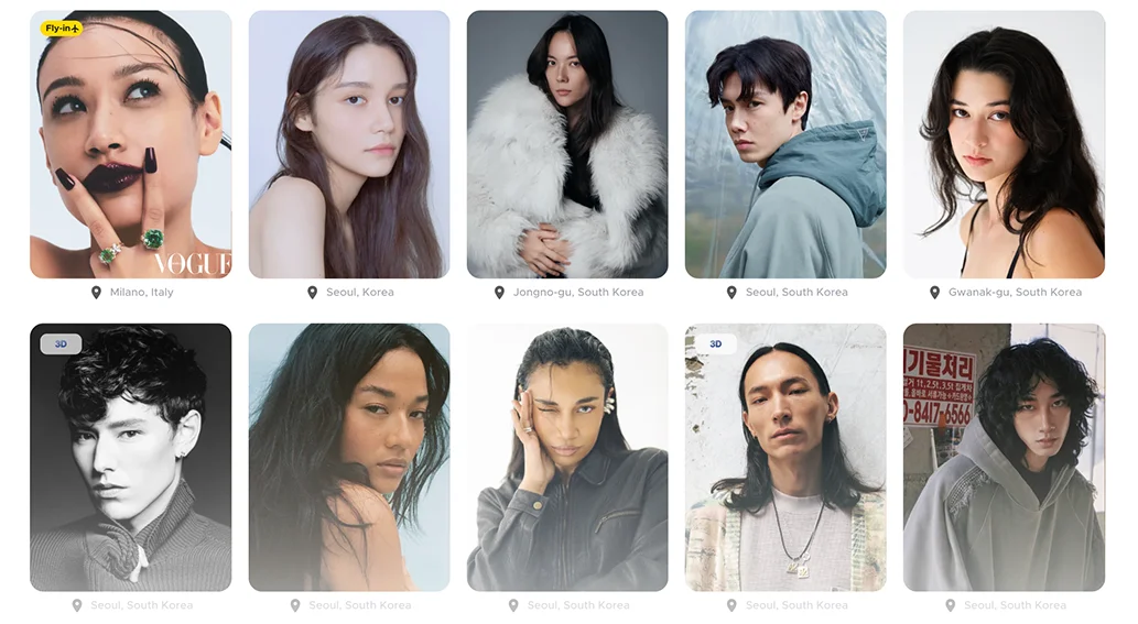 스포트라이트 동남아 모델 및 혼혈 모델 리스트 화면(컴카드·포트폴리오·견적 확인 가능)