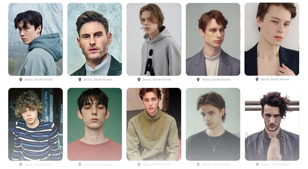 스포트라이트 서양 남자 외국인 모델 리스트 화면(컴카드·포트폴리오·견적 확인 가능)