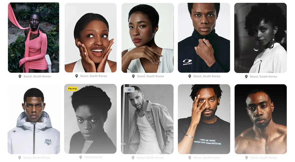 스포트라이트 흑인 외국인 모델 리스트 화면(컴카드·포트폴리오·견적 확인 가능)