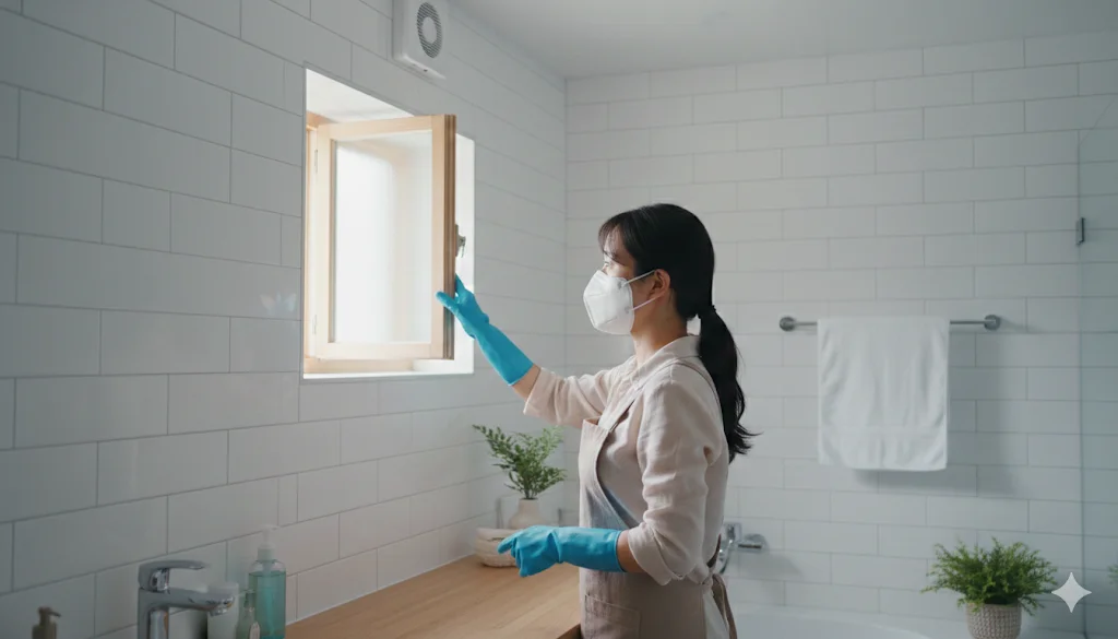 Woman wearing mask opening window for safe ventilation.