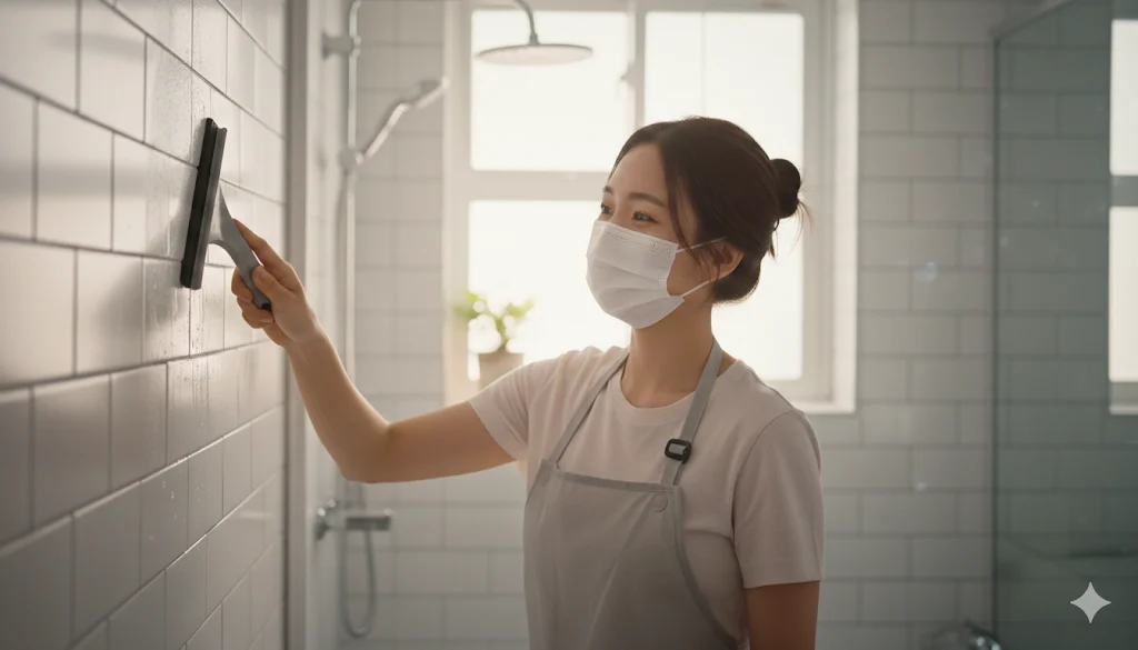 Person wiping water from tiles with a squeegee.