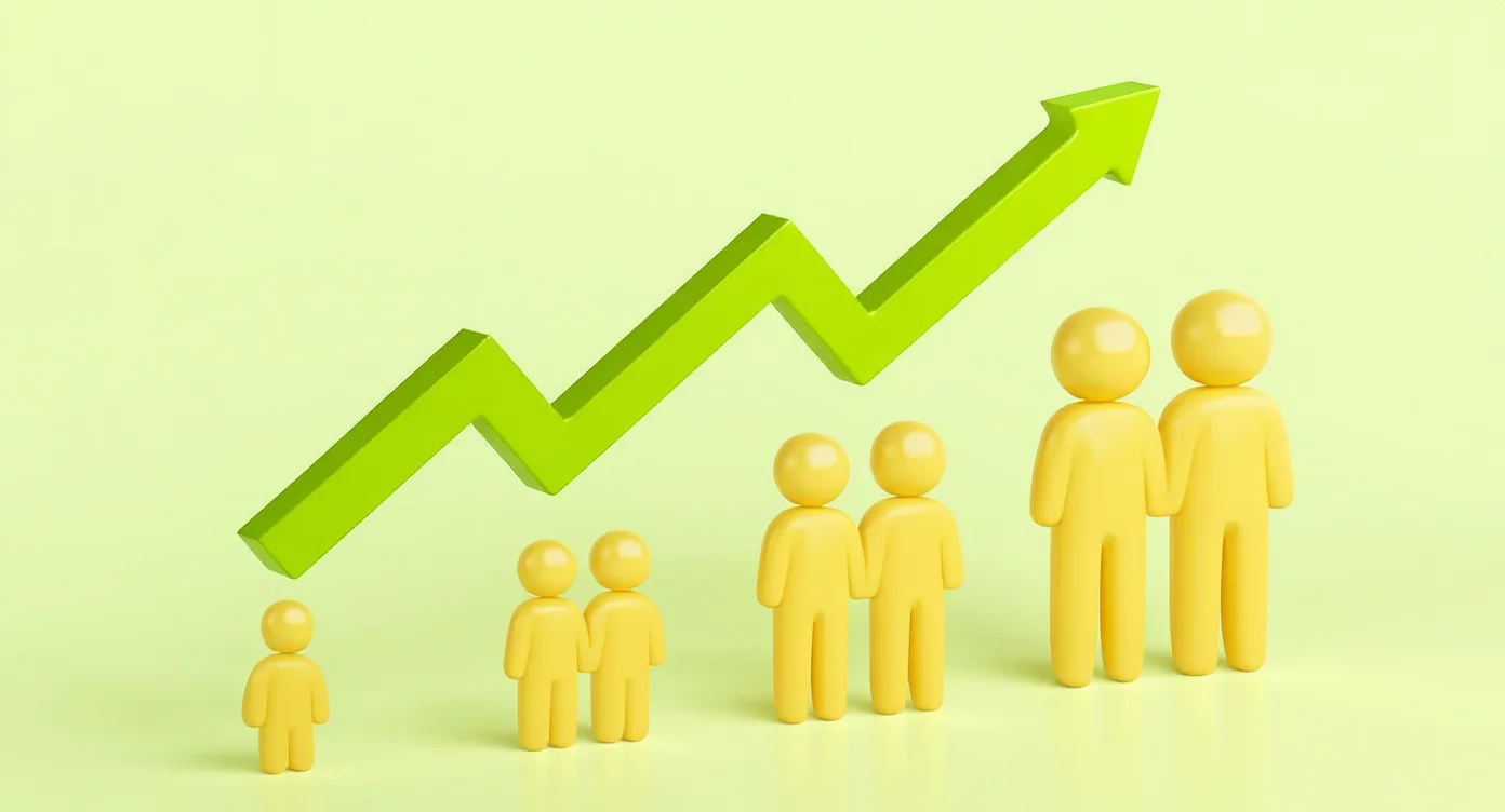 상승 화살표 그래프와 함께 증가하는 사람 아이콘으로 표현한 창업 성장 이미지