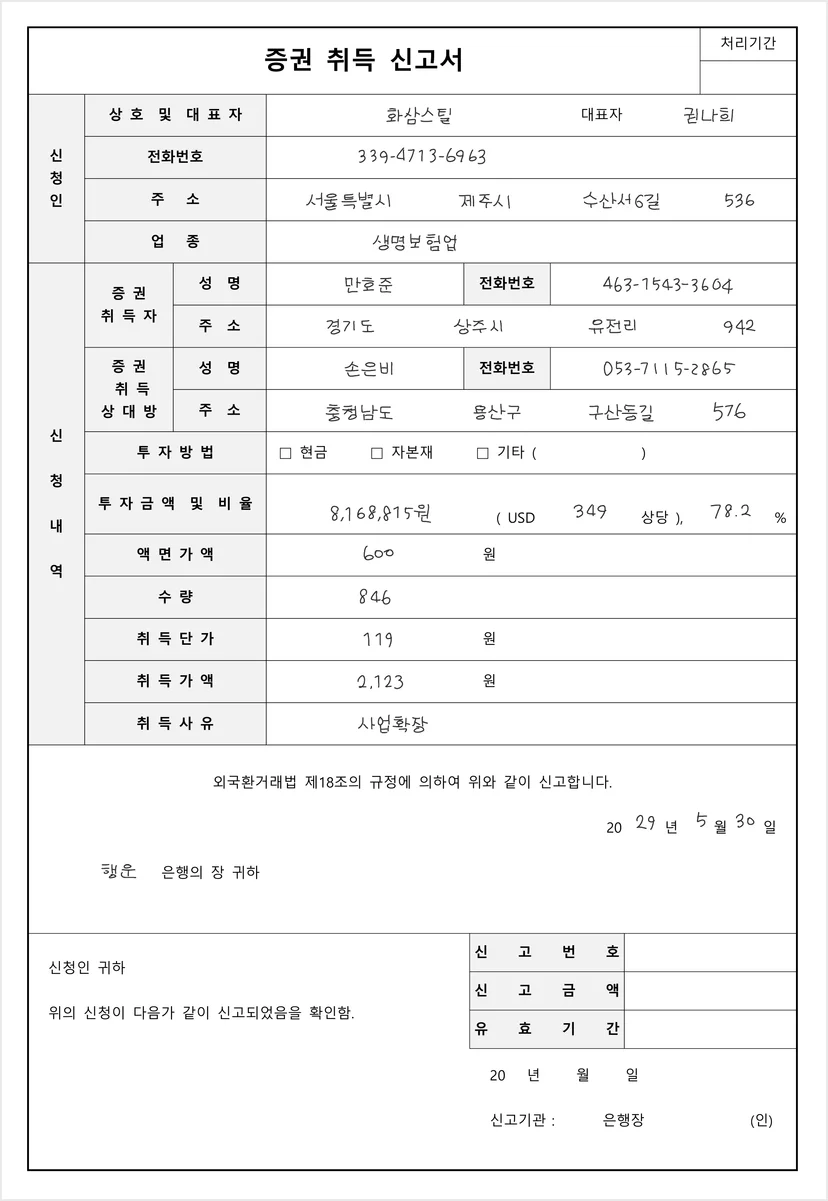 Report on Acquisition of Securities