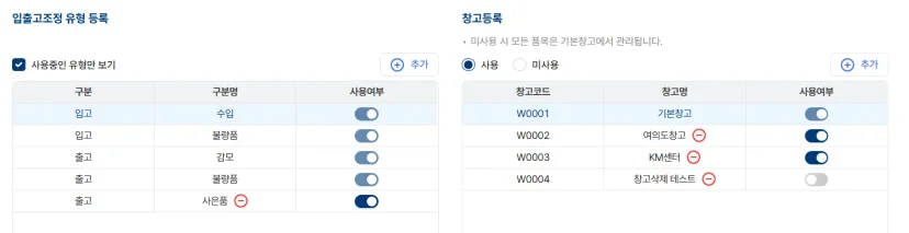 입출고 조정 유형(불량품, 감모, 사은품 등)과 다중 창고를 등록하고 관리하는 설정 화면. 기업별 맞춤형 재고 운영 체계 구축을 위한 파로스 ERP 환경설정