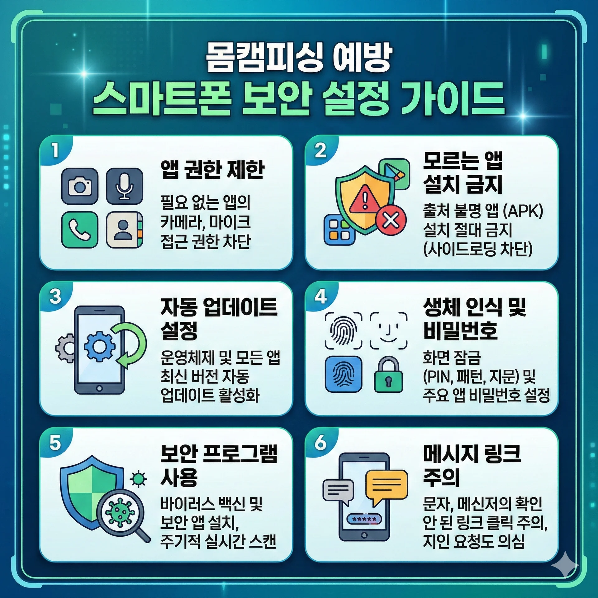 몸캠피싱 예방 관련하여 스마트폰 보안 설정 가이드가 설명되어 있는 이미지