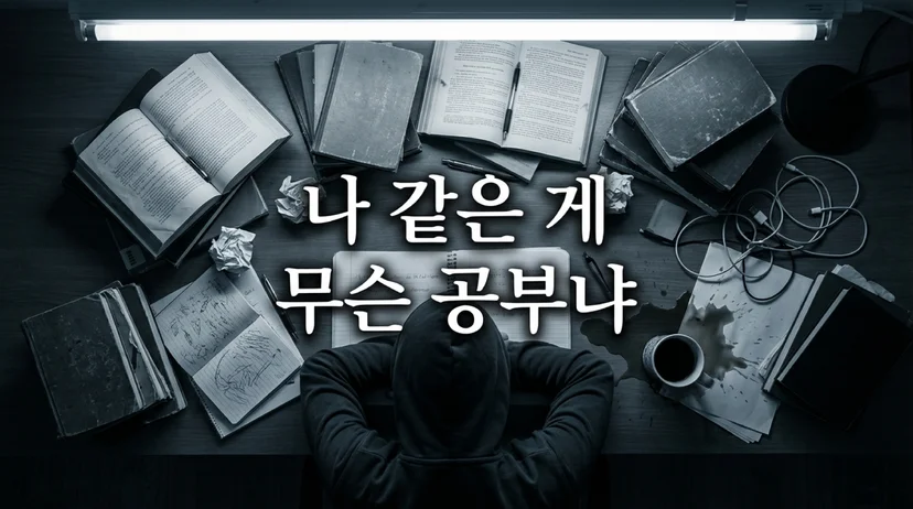 어두운 책상 위에 펼쳐진 책들 사이에서 머리를 숙이고 있는 수험생의 모습. 슬라이드 제목: 나 같은 게 무슨 공부냐