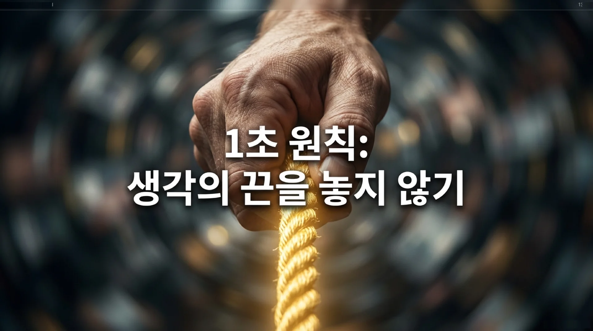 빛나는 금색 밧줄을 힘껏 붙잡고 있는 손. 슬라이드 제목: 1초 원칙, 생각의 끈을 놓지 않기
