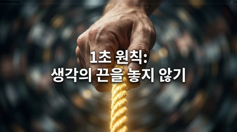빛나는 금색 밧줄을 힘껏 붙잡고 있는 손. 슬라이드 제목: 1초 원칙, 생각의 끈을 놓지 않기