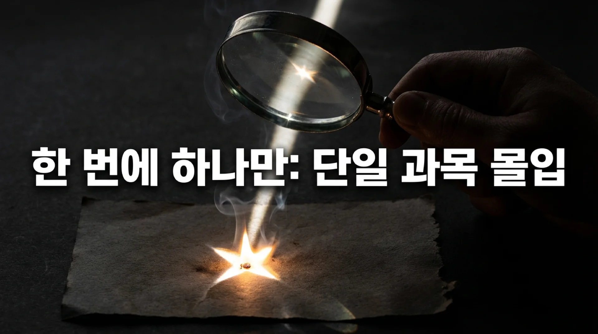 돋보기 아래에서 작은 빛이 별 모양으로 타오르는 이미지. 슬라이드 제목: 한 번에 하나만, 단일 과목 몰입