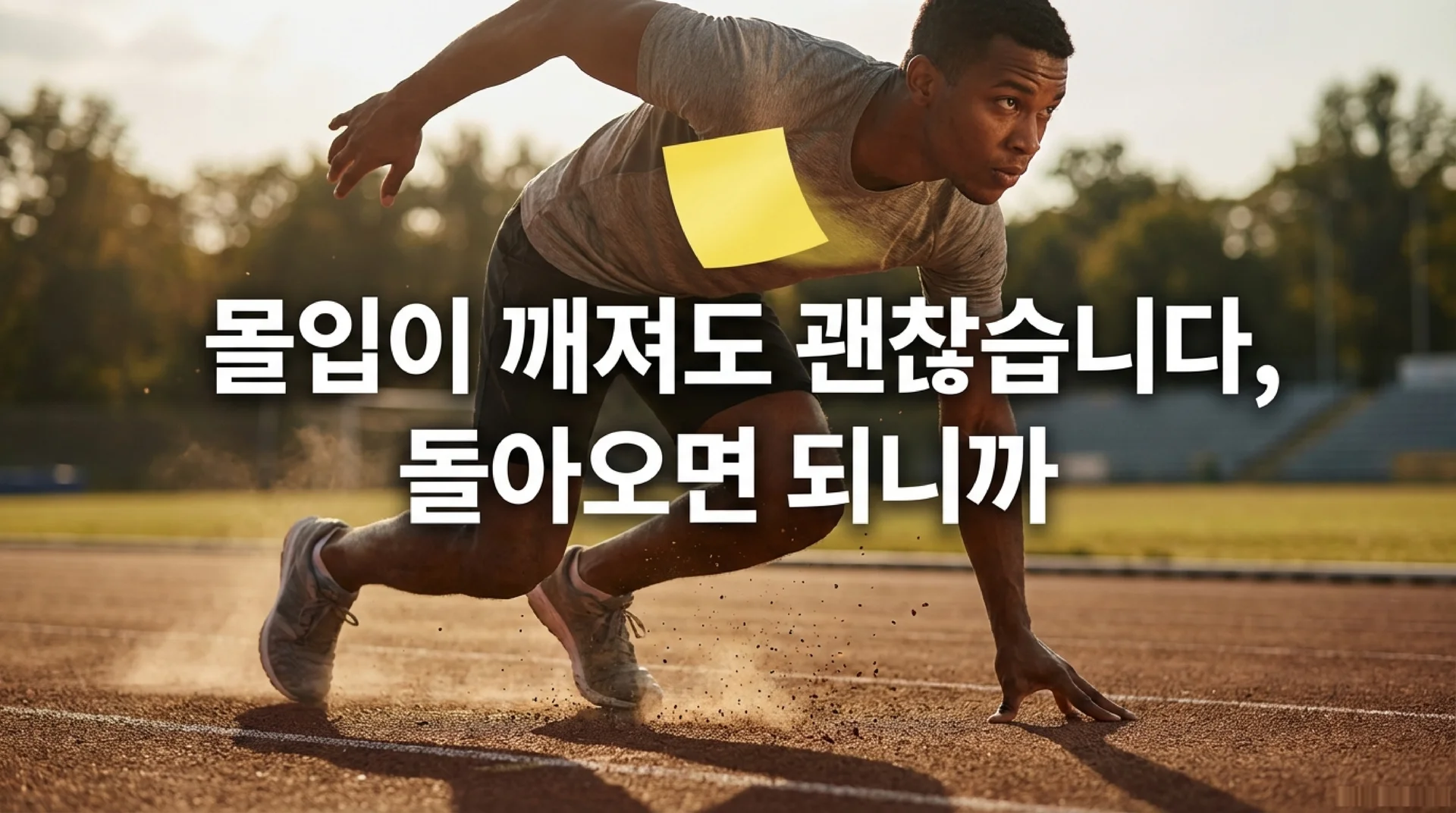 트랙 위에서 출발 자세를 취하고 있는 운동선수. 슬라이드 제목: 몰입이 깨져도 괜찮습니다, 돌아오면 되니까