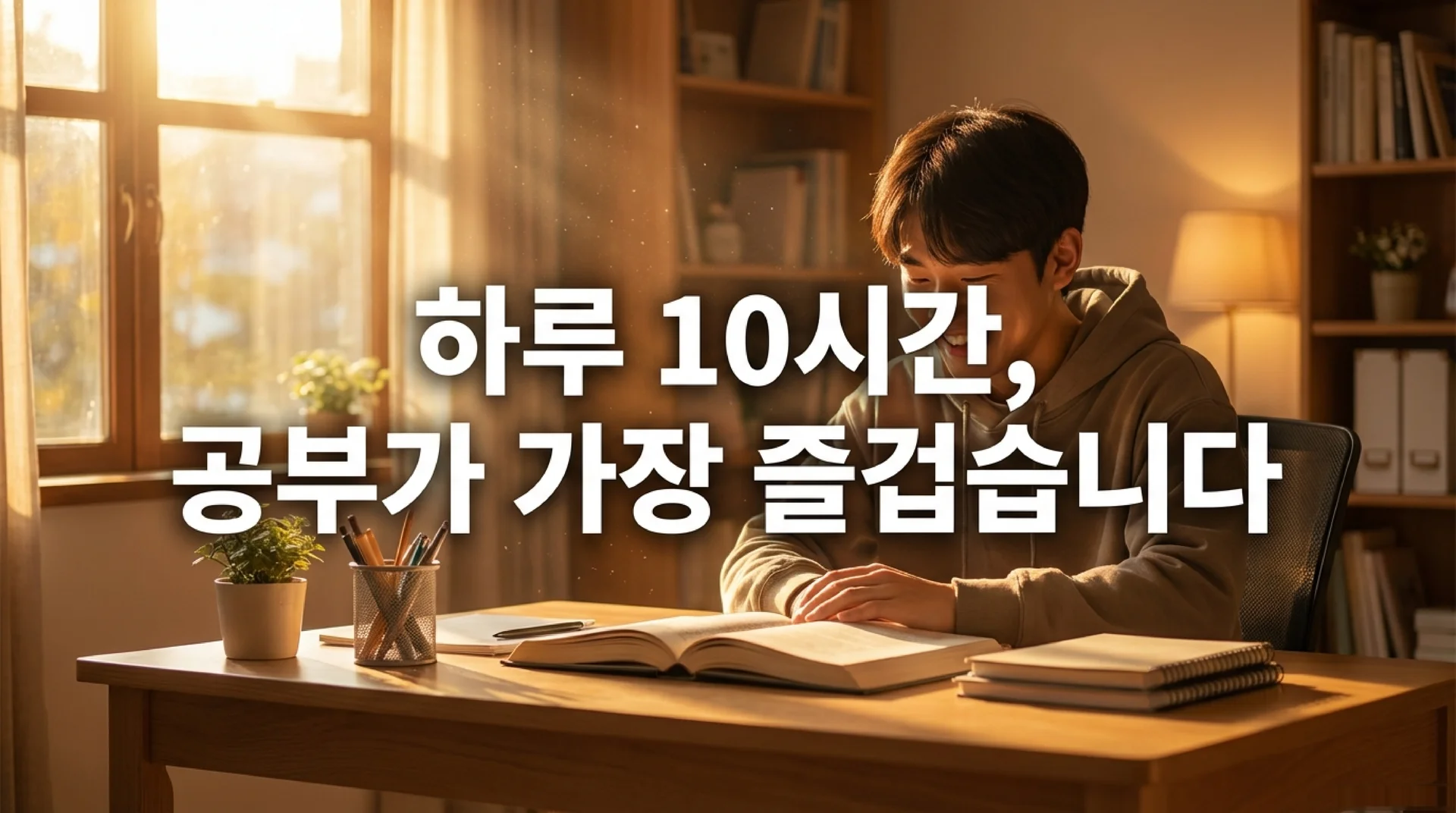 따뜻한 햇살이 비치는 책상에서 웃으며 공부하는 청년. 슬라이드 제목: 하루 10시간, 공부가 가장 즐겁습니다