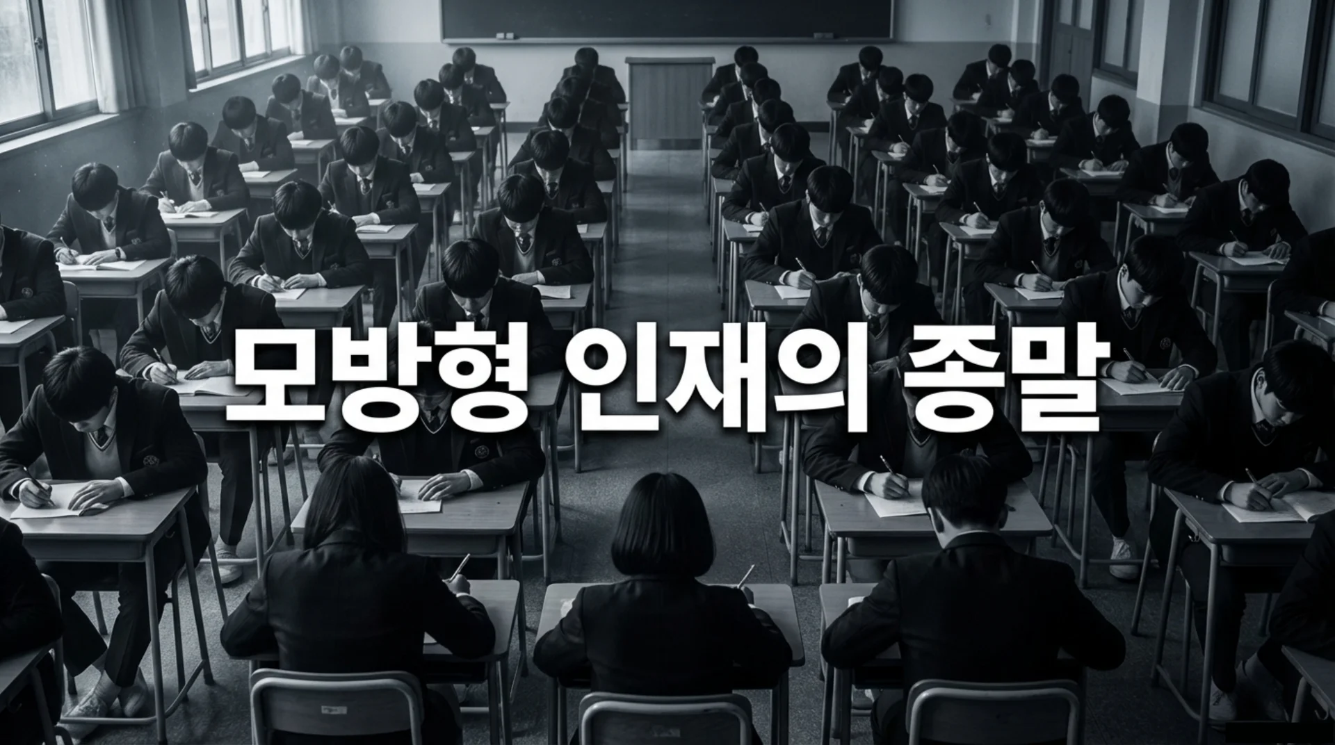 흑백 교실에서 시험을 보는 학생들 - 주입식 교육의 한계를 상징