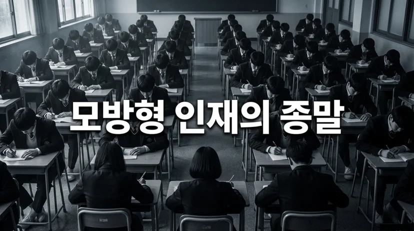 흑백 교실에서 시험을 보는 학생들 - 주입식 교육의 한계를 상징