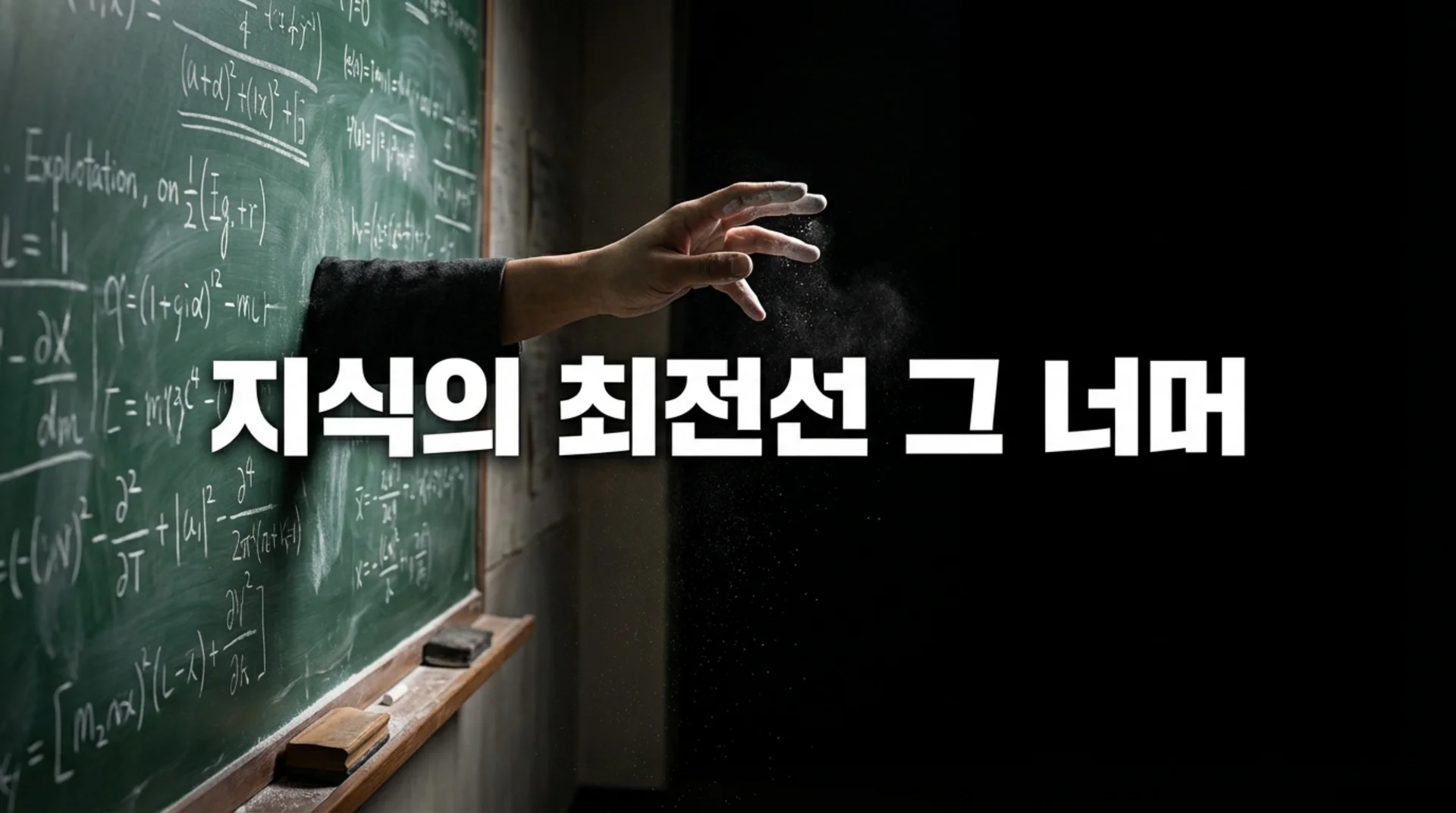 칠판의 수학 공식 앞에서 분필을 던지는 손 - 지식의 최전선을 상징